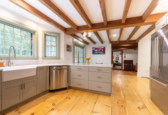 Interior, Kitchen, Recessed Lighting, Stainless Steel Appliances, Wooden Beams, Wood Texture Flooring