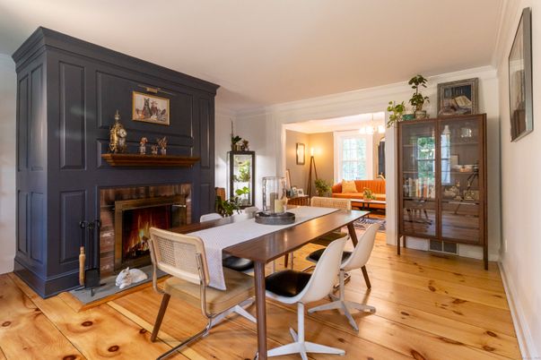 Dining room, Fireplace, Interior, Wood Texture Flooring