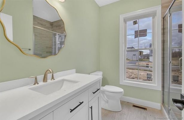 Bathroom, Glass Shower, Interior, Wood Texture Flooring
