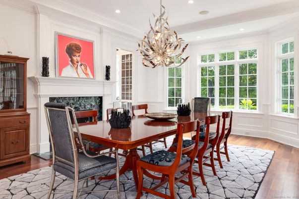 Chandelier, Dining room, Fireplace, Interior, Recessed Lighting, Wood Texture Flooring