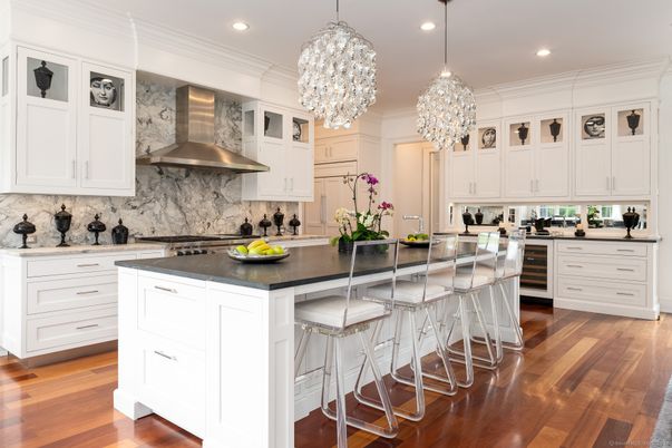 Chandelier, Interior, Kitchen, Pendant Lights, Recessed Lighting, Stainless Steel Appliances, Wood Texture Flooring