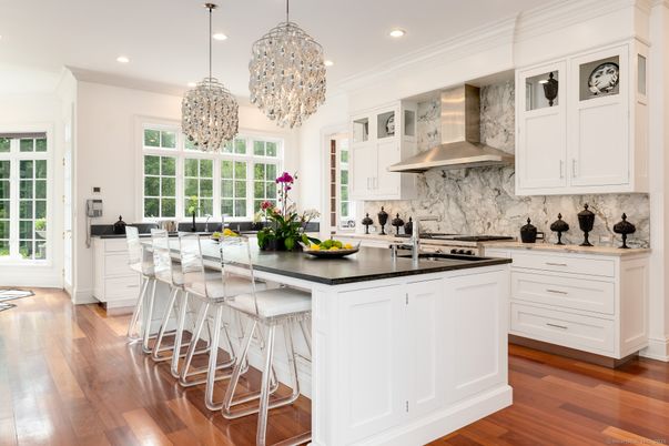Interior, Kitchen, Marble Walls, Pendant Lights, Recessed Lighting, Stainless Steel Appliances, Wood Texture Flooring