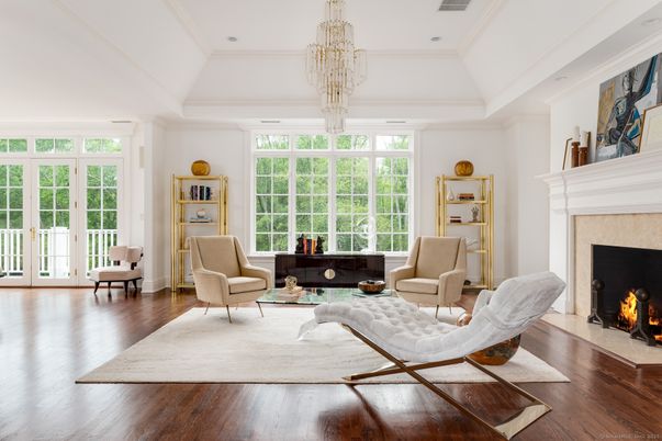 Chandelier, Fireplace, Interior, Living room, Recessed Lighting, Wood Texture Flooring