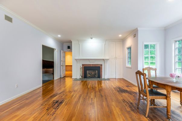 Dining room, Fireplace, Interior, Recessed Lighting, Wood Texture Flooring