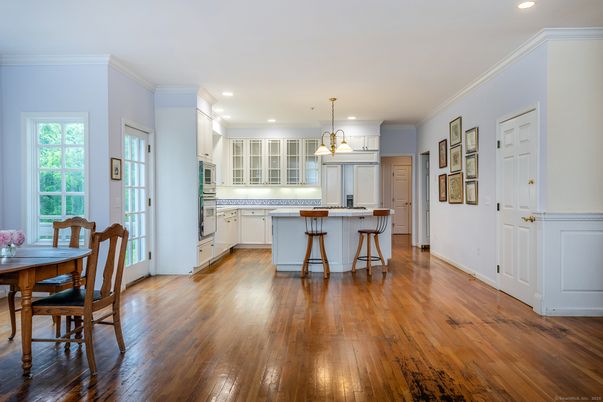 Dining room, Interior, Kitchen, Pendant Lights, Recessed Lighting, Wood Texture Flooring