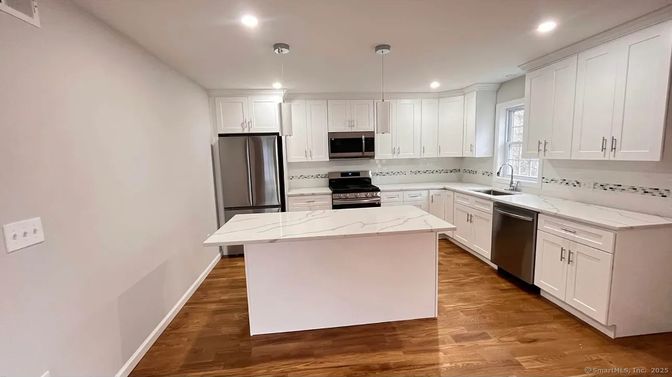 Interior, Kitchen, Pendant Lights, Recessed Lighting, Stainless Steel Appliances, Wood Texture Flooring