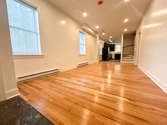 Empty room, Interior, Kitchen, Recessed Lighting, Wood Texture Flooring