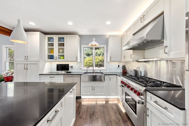 Interior, Kitchen, Pendant Lights, Recessed Lighting, Stainless Steel Appliances, Wood Texture Flooring