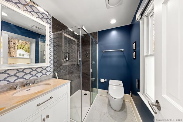 Bathroom, Glass Shower, Interior, Marble, Recessed Lighting