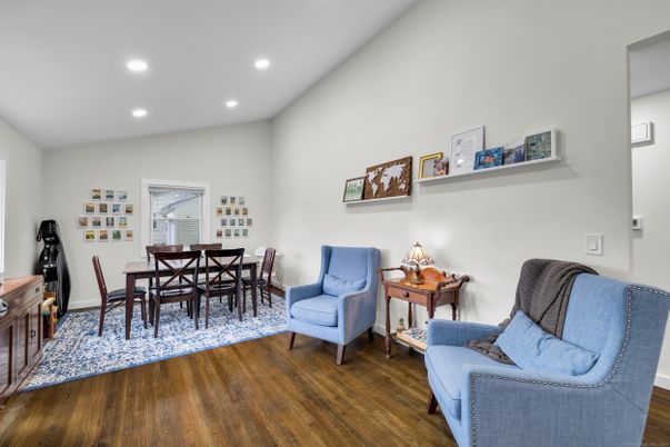 Dining room, Interior, Recessed Lighting, Wood Texture Flooring