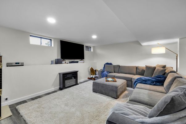 Fireplace, Interior, Living room, Recessed Lighting, Wood Texture Flooring