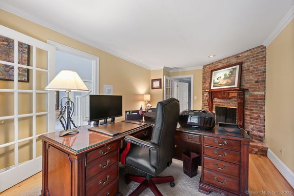 Fireplace, Home Office, Interior, Recessed Lighting, Stone Walls, Wood Texture Flooring