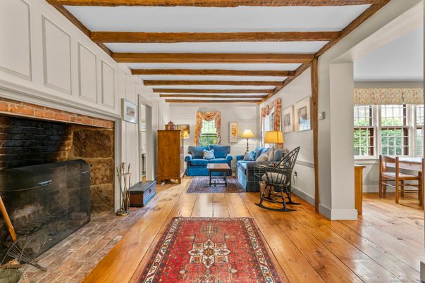 Dining room, Fireplace, Interior, Living room, Wooden Beams, Wood Texture Flooring