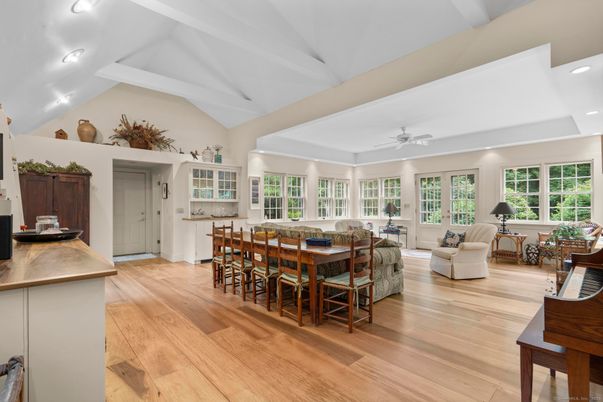 Dining room, Interior, Living room, Piano, Recessed Lighting, Wood Texture Flooring