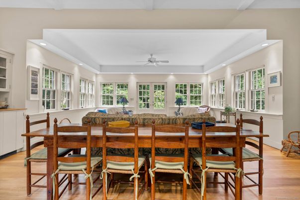 Dining room, Interior, Recessed Lighting, Wood Texture Flooring