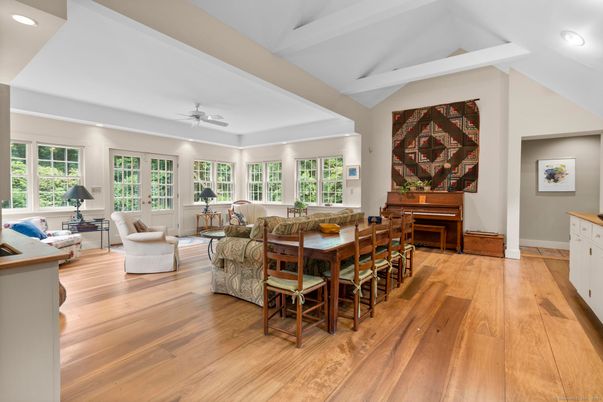 Dining room, Interior, Living room, Piano, Recessed Lighting, Wood Texture Flooring