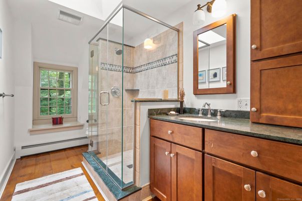 Bathroom, Glass Shower, Interior, Wood Texture Flooring