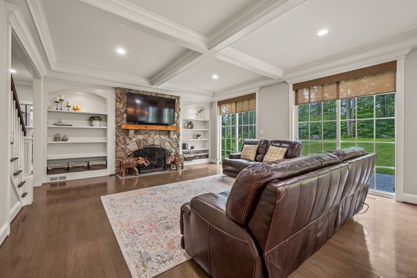 Fireplace, Interior, Living room, Recessed Lighting, Wood Texture Flooring