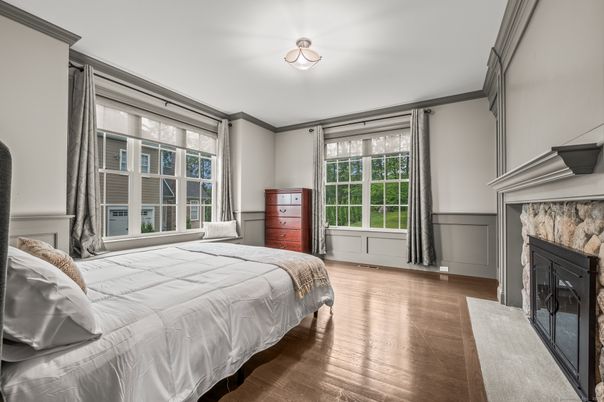 Bedroom, Fireplace, Interior, Wood Texture Flooring