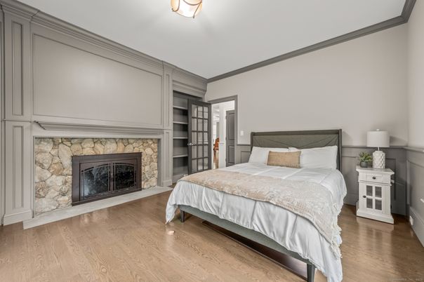 Bedroom, Fireplace, Interior, Wood Texture Flooring