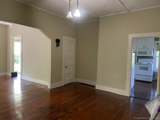 Empty room, Interior, Kitchen, Pendant Lights, Washer, Wood Texture Flooring