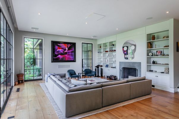 Fireplace, Interior, Living room, Recessed Lighting, Wood Texture Flooring