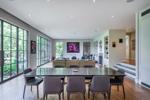 Dining room, Interior, Living room, Recessed Lighting, Wood Texture Flooring