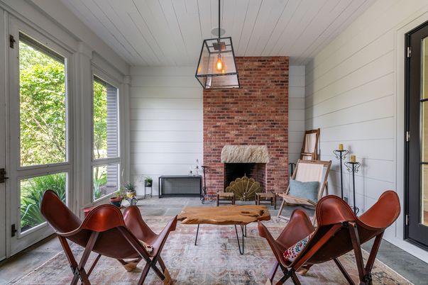 Fireplace, Interior, Pendant Lights, Stone Walls