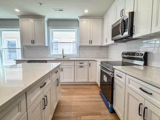 Interior, Kitchen, Recessed Lighting, Stainless Steel Appliances, Wood Texture Flooring