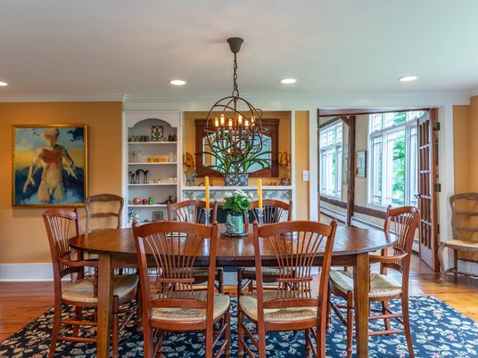 Chandelier, Dining room, Interior, Recessed Lighting, Wood Texture Flooring