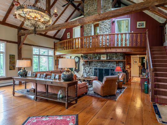 Chandelier, Fireplace, Interior, Living room, Wooden Beams, Wood Texture Flooring