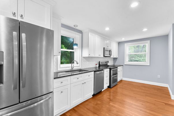Interior, Kitchen, Pendant Lights, Recessed Lighting, Stainless Steel Appliances, Wood Texture Flooring