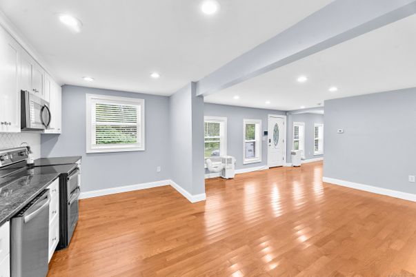 Empty room, Interior, Kitchen, Recessed Lighting, Wood Texture Flooring