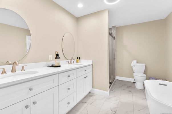 Bathroom, Dual Sink Vanities, Interior, Marble, Recessed Lighting
