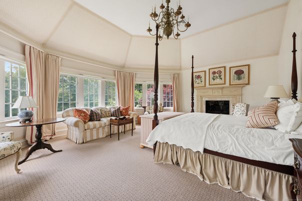 Bedroom, Chandelier, Fireplace, Interior