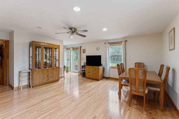 Dining room, Interior, Recessed Lighting, Wood Texture Flooring