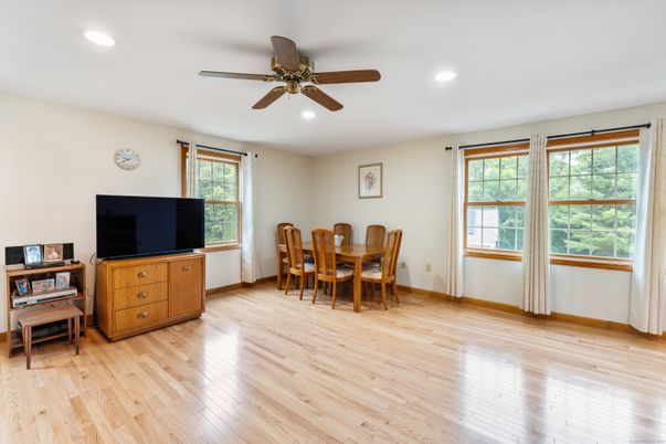 Dining room, Interior, Recessed Lighting, Wood Texture Flooring