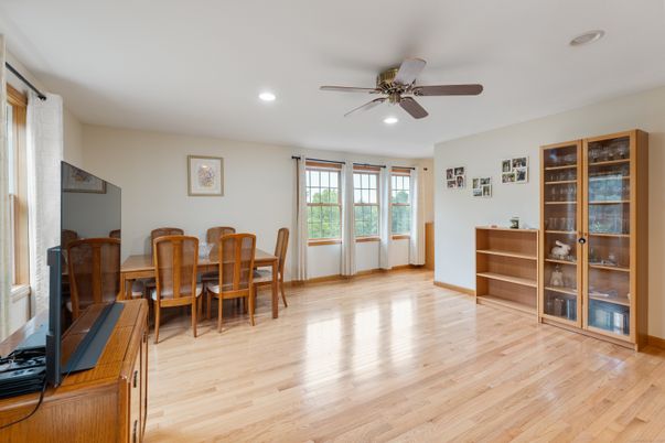 Dining room, Interior, Recessed Lighting, Wood Texture Flooring