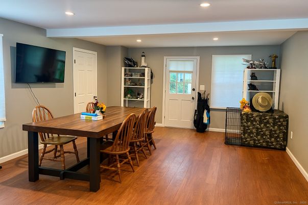 Dining room, Interior, Recessed Lighting, Wood Texture Flooring