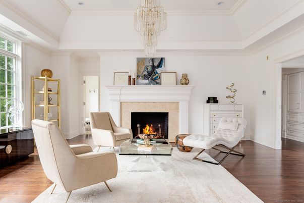 Chandelier, Fireplace, Interior, Living room, Recessed Lighting, Wood Texture Flooring