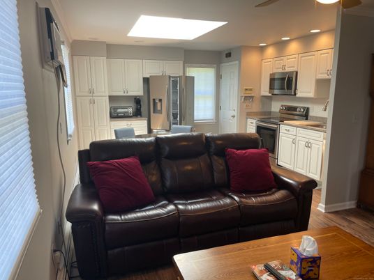 Interior, Kitchen, Living room, Recessed Lighting, Stainless Steel Appliances, Wood Texture Flooring