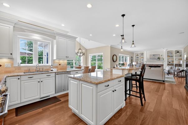Dining room, Fireplace, Interior, Kitchen, Pendant Lights, Recessed Lighting, Wood Texture Flooring