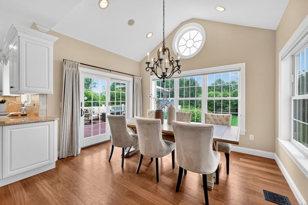 Chandelier, Dining room, Interior, Pendant Lights, Recessed Lighting, Wood Texture Flooring