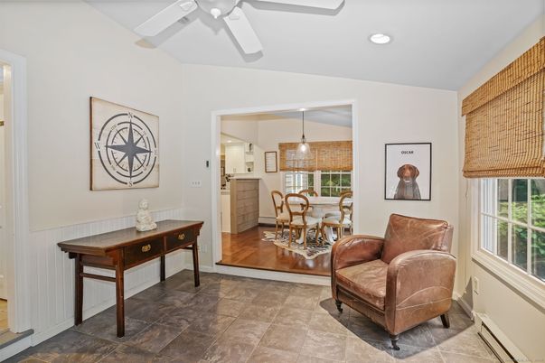 Dining room, Interior, Pendant Lights, Recessed Lighting, Wood Texture Flooring