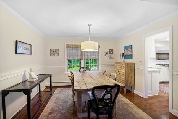 Dining room, Interior, Pendant Lights, Wood Texture Flooring