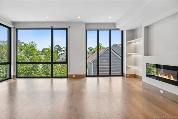 Empty room, Fireplace, Interior, Recessed Lighting, Wood Texture Flooring
