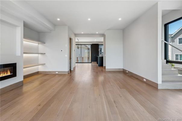 Empty room, Fireplace, Interior, Recessed Lighting, Wood Texture Flooring
