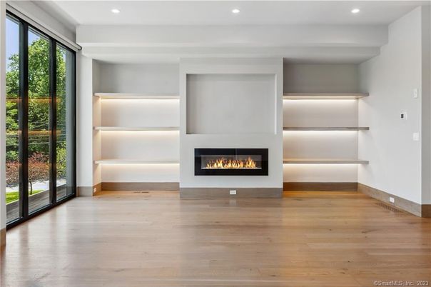 Fireplace, Interior, Recessed Lighting, Wood Texture Flooring