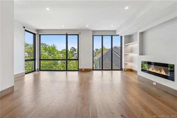 Empty room, Fireplace, Interior, Recessed Lighting, Wood Texture Flooring