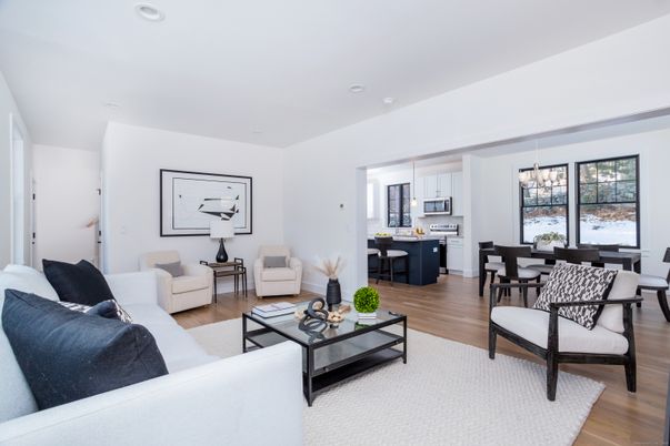 Chandelier, Dining room, Interior, Kitchen, Living room, Recessed Lighting, Wood Texture Flooring